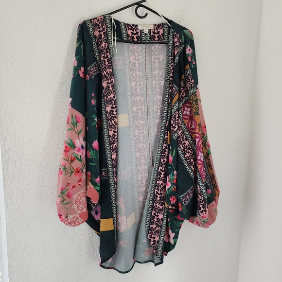 Umgee Plus Floral Scarf Print Puff Sleeve Kimono XL - Picture 7 of 13